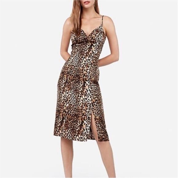 Express Leopard Animal Print Slip Midi Brow & Black V-neck Print Dress - Picture 2 of 8